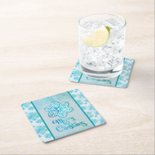 Merry Christmas Snowflakes Iridescent Blue  Square Paper Coaster