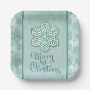 Merry Christmas Snowflakes Iridescent Green Paper Plate