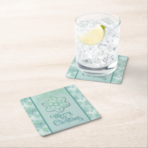 Merry Christmas Snowflakes Iridescent Green Square Paper Coaster