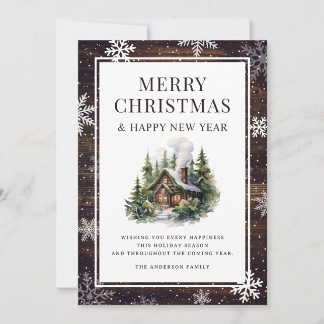 Merry Christmas Snowflakes Log Cabin  Holiday Card (Front)