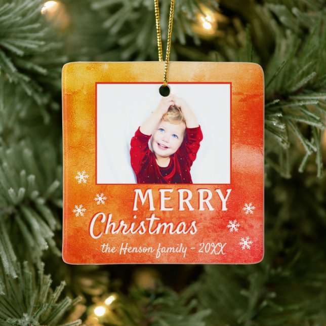 Merry Christmas Snowflakes Metallic Family Photo Ceramic Ornament (Tree)