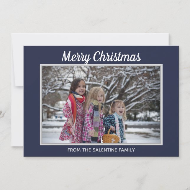 Merry Christmas Snowflakes Navy Blue Photo Frame Holiday Card (Front)