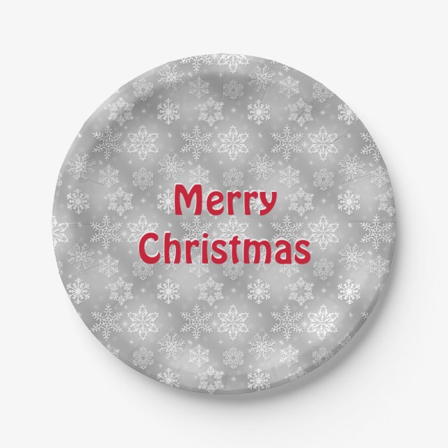 Merry Christmas Snowflakes on grey Paper Plate (Front)
