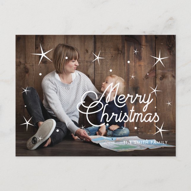 Merry Christmas snowflakes overlay family photo Postcard (Front)