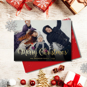 Merry Christmas Snowflakes Photo Script Gold Foil Holiday Card