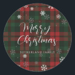 Merry Christmas Snowflakes Plaid Script Custom Classic Round Sticker<br><div class="desc">Wrap up warm this Holiday in festive style with our Red and Green Plaid Snowflakes Sticker. This classic and timeless design brings a touch of warmth and tradition to your home. Whether you're inviting family over or adding a festive touch to your holiday decorations, this plaid sticker is the perfect...</div>