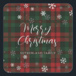 Merry Christmas Snowflakes Plaid Script Custom Square Sticker<br><div class="desc">Wrap up warm this Holiday in festive style with our Red and Green Plaid Snowflakes Sticker. This classic and timeless design brings a touch of warmth and tradition to your home. Whether you're inviting family over or adding a festive touch to your holiday decorations, this plaid sticker is the perfect...</div>