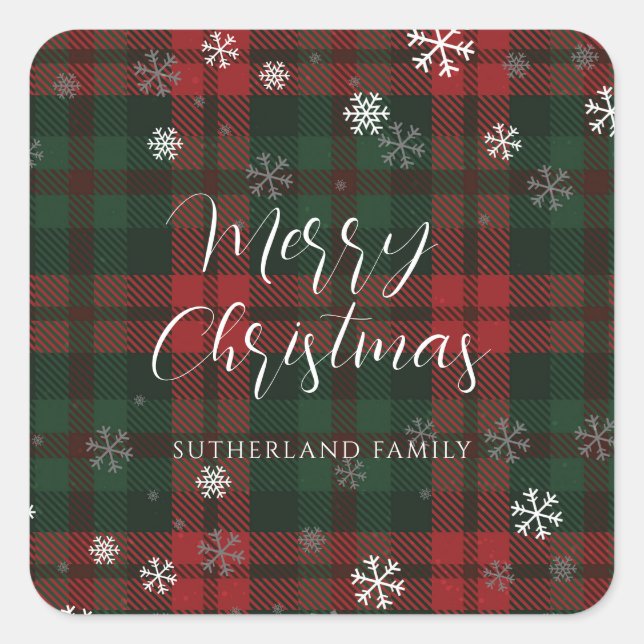 Merry Christmas Snowflakes Plaid Script Custom Square Sticker (Front)