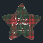 Merry Christmas Snowflakes Plaid Script Custom Star Sticker<br><div class="desc">Wrap up warm this Holiday in festive style with our Red and Green Plaid Snowflakes Sticker. This classic and timeless design brings a touch of warmth and tradition to your home. Whether you're inviting family over or adding a festive touch to your holiday decorations, this plaid sticker is the perfect...</div>