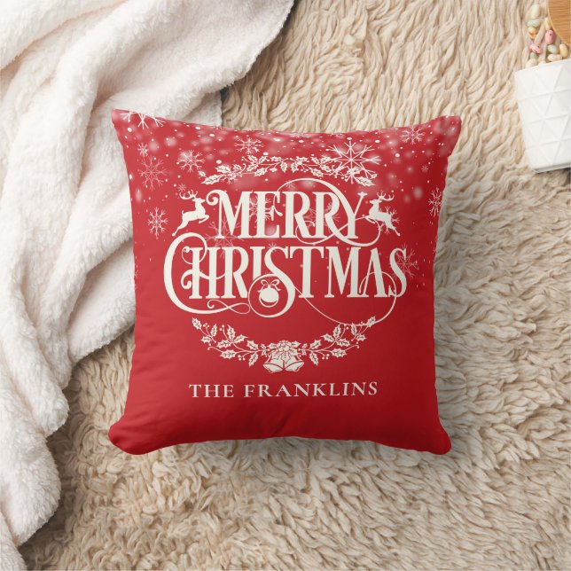 Merry Christmas Snowflakes Red Personalised Family Cushion (Blanket)