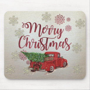 Merry Christmas,Snowflakes,Red Truck Pine Tree Mouse Mat
