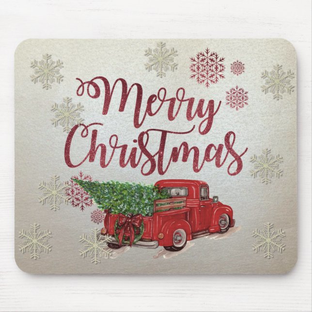 Merry Christmas,Snowflakes,Red Truck Pine Tree Mouse Mat (Front)