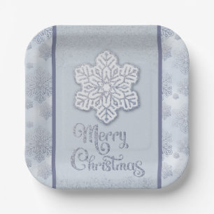 Merry Christmas Snowflakes Silver Glitter Paper Plate
