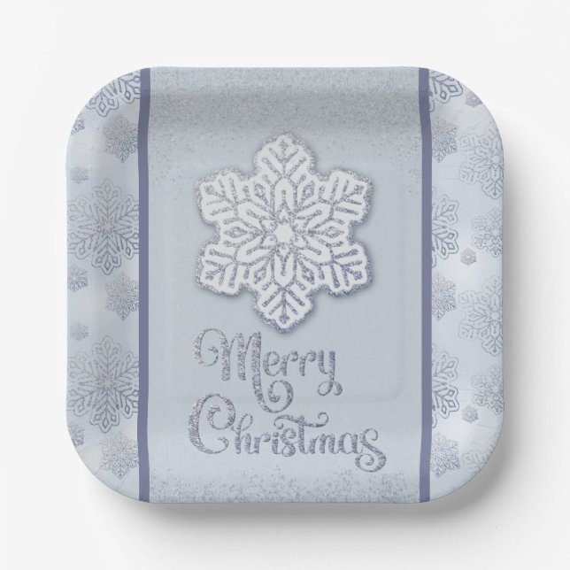 Merry Christmas Snowflakes Silver Glitter Paper Plate (Front)