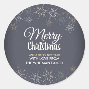 Merry Christmas Snowflakes Slate Grey Charcoal Classic Round Sticker
