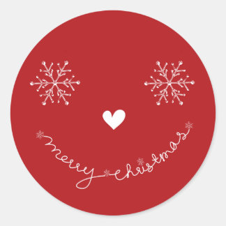 Merry Christmas Snowflakes Smiley Face Red Holiday Classic Round Sticker