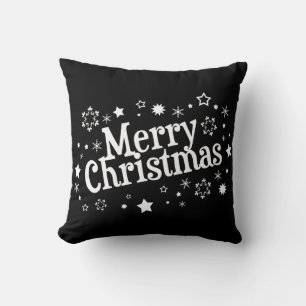 Merry Christmas Snowflakes Stars Black Cushion