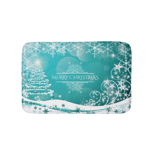 Merry Christmas Snowflakes Tree Flowers & Stars Bath Mat (Front)