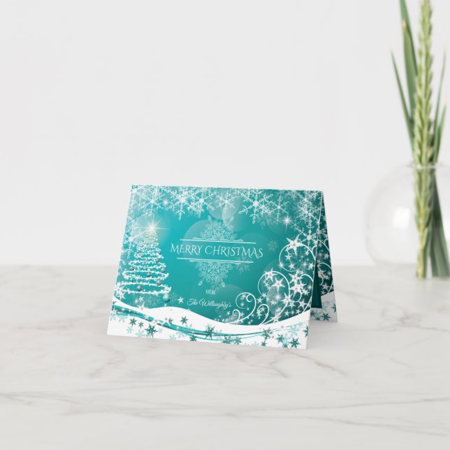 Merry Christmas Snowflakes Tree Flowers & Stars  Holiday Card (Front)