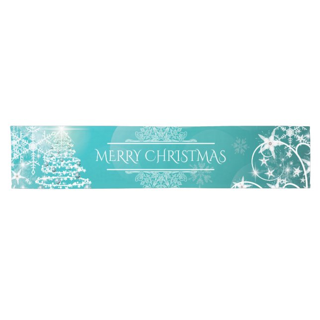 Merry Christmas Snowflakes Tree Flowers & Stars Short Table Runner (Horizontal)