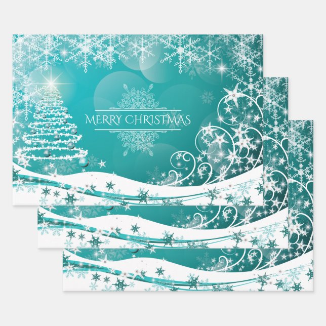Merry Christmas Snowflakes Tree Flowers & Stars Wrapping Paper Sheet (Set)