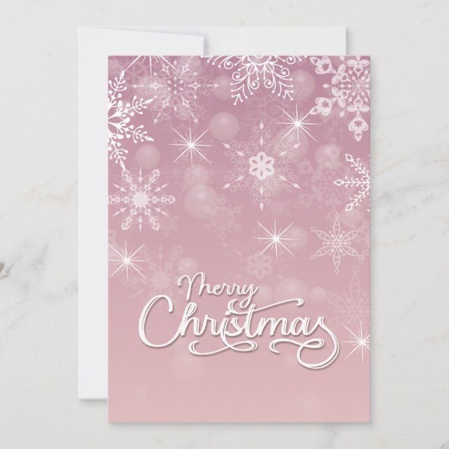 Merry Christmas Snowflakes White Pink Greeting Holiday Card (Front)
