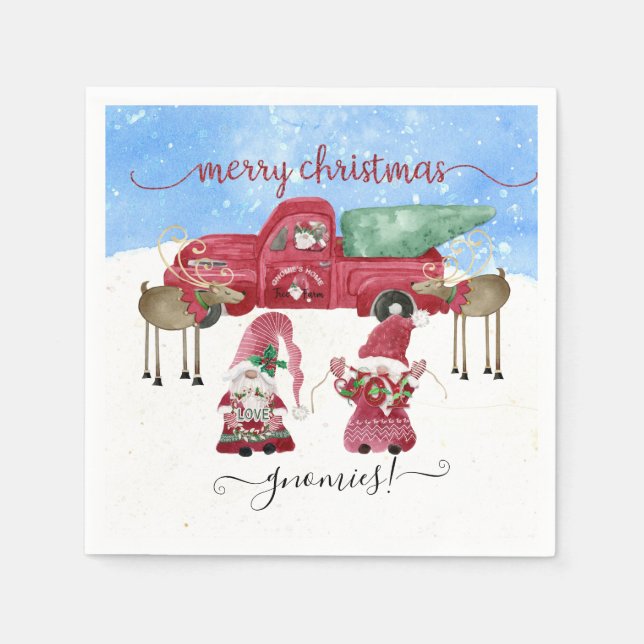 Merry Christmas Snowing Gnome Red Truck Tree Farm Napkin (Front)