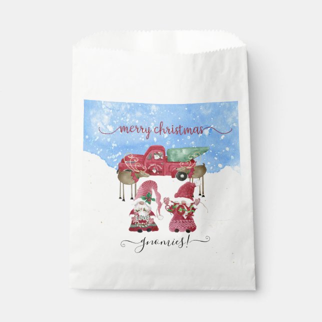 Merry Christmas Snowing Gnome Red Truck Watercolor Favour Bags (Front)