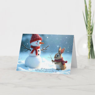 Merry Christmas Snowman and Bunny Holiday Card