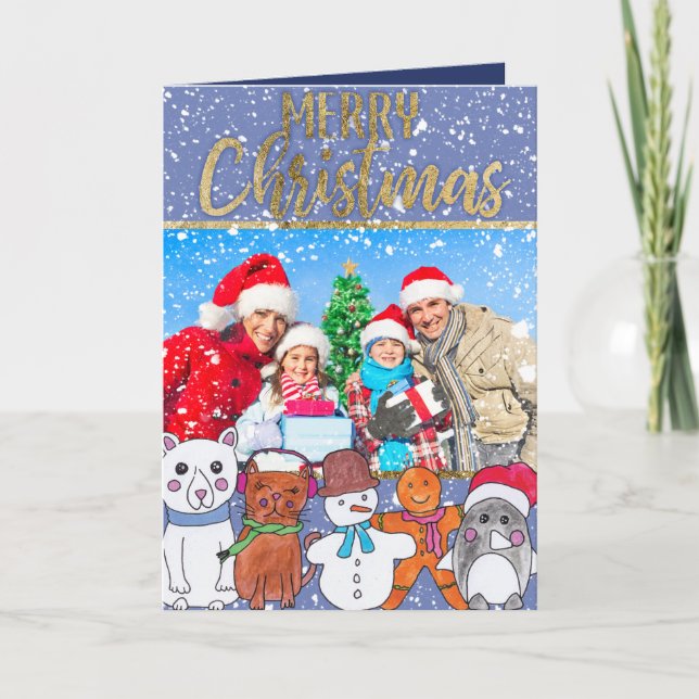 Merry Christmas Snowman and Friends Family Photo Holiday Card (Front)