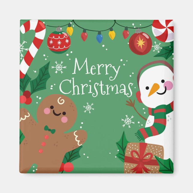 merry christmas snowman and gingerbread man magnet (Front)