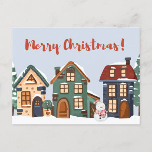 Merry Christmas Snowman and Houses Postcard