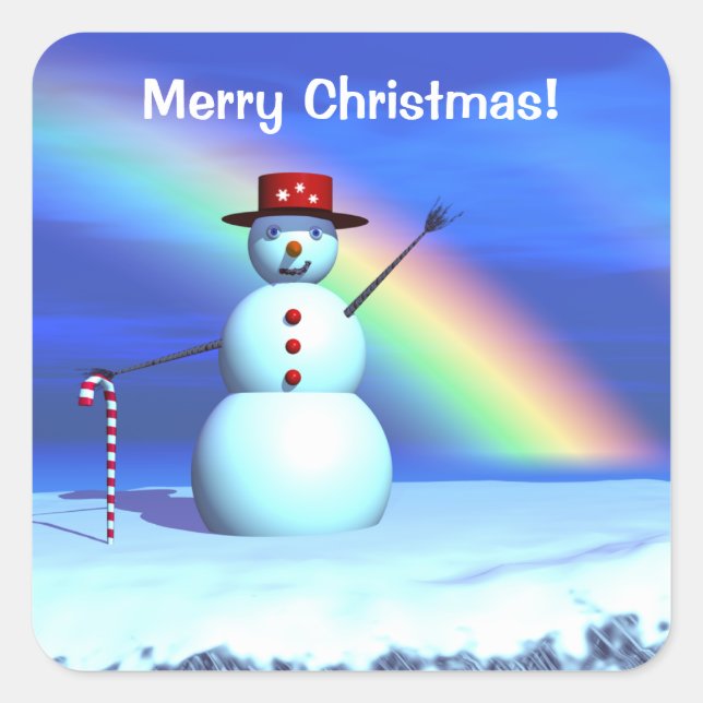 Merry Christmas Snowman and Rainbow Square Sticker (Front)