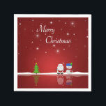 Merry Christmas Snowman and Santa Napkin<br><div class="desc">A cute Christmas illustration featuring a snowman,  Santa Claus,  a Christmas tree,  snow and stars on a red background.</div>