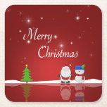 Merry Christmas Snowman and Santa Square Paper Coaster<br><div class="desc">A cute Christmas illustration featuring a snowman,  Santa Claus,  a Christmas tree,  snow and stars on a red background.</div>