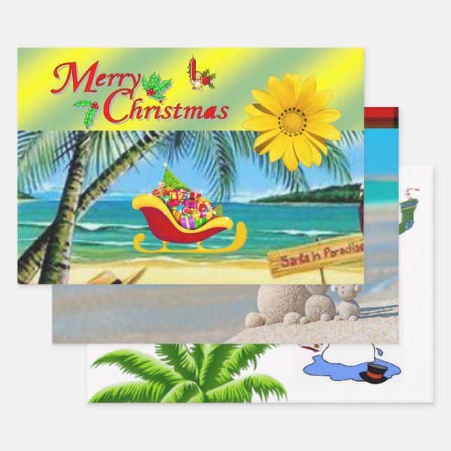 Merry Christmas Snowman Beach Bum Santa  Wrapping Paper Sheet (Set)