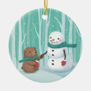 Merry Christmas: Snowman & Bear Illustration Art Ceramic Tree Decoration