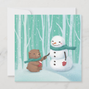 Merry Christmas: Snowman & Bear Illustration Art Invitation