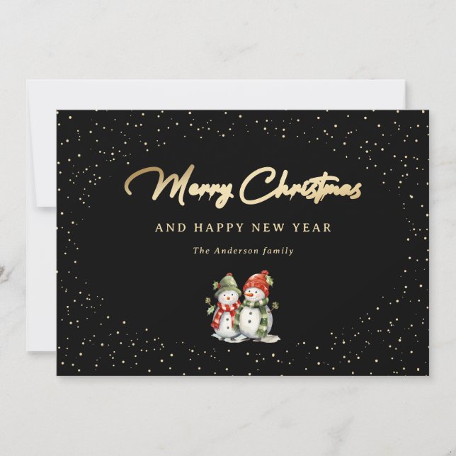 Merry Christmas Snowman Black Gold Snowy Holiday Card (Front)