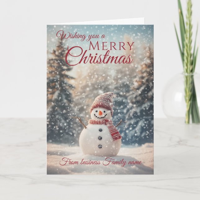  Merry Christmas Snowman Business Family Name Holiday Card (Front)