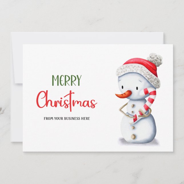 Merry Christmas Snowman Candy Cane Business Logo Holiday Card (Front)