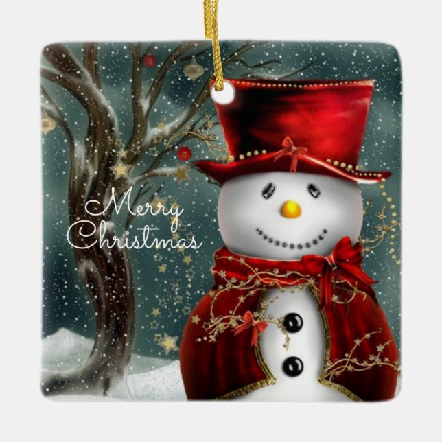 Merry Christmas Snowman Ceramic Ornament (Front)