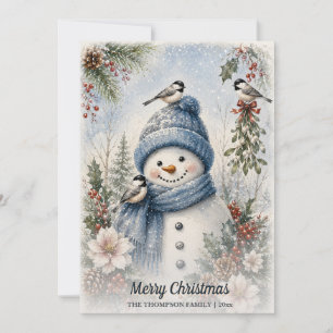 Merry Christmas Snowman Chickadees Watercolor Holiday Card