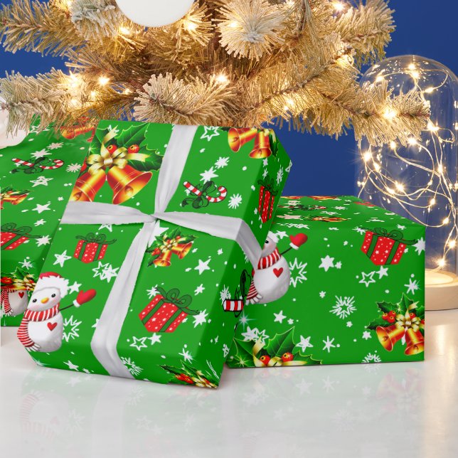 Merry Christmas Snowman Christmas Bells Star Green Wrapping Paper (Holidays)