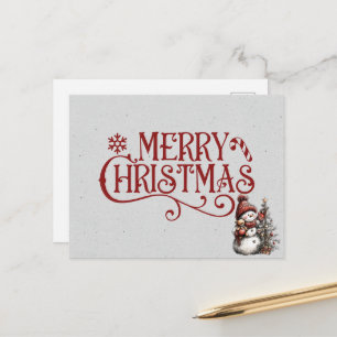 Merry Christmas Snowman Decorating the Tree Postcard
