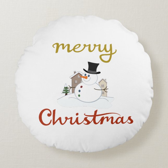 Merry Christmas+Snowman Design Round Cushion (Front)