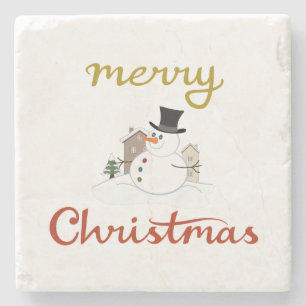 Merry Christmas+Snowman Design Stone Coaster
