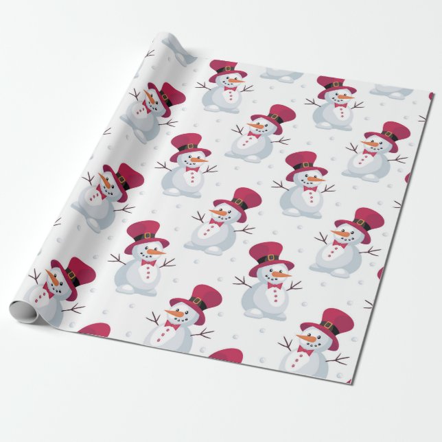 Merry Christmas Snowman Falling Snow Wrapping Paper (Unrolled)