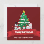 Merry Christmas Snowman Family Cute Custom Holiday Card<br><div class="desc">This cute Christmas card features an adorable snowman family drawing in front of a beautiful Christmas tree. The festive red banner is customised with your own text and the back can be personalised with your own holiday greeting for Xmas.</div>