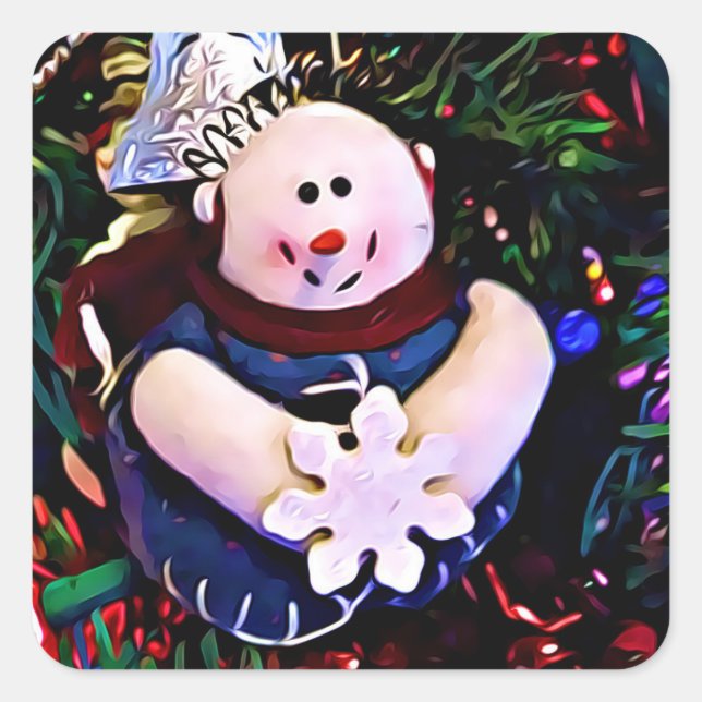Merry Christmas Snowman Holding Snowflake Square Sticker (Front)